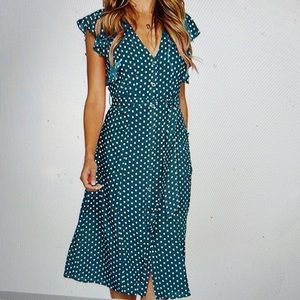 Flirty teal polka dot button up dress with pockets